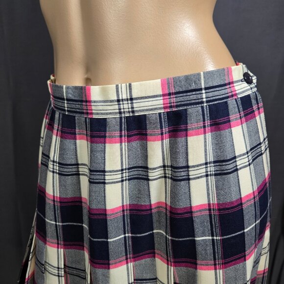 Vintage 80s Long Wool Pleated Plaid Tartan Skirt Size S Blue Pink White - Picture 6 of 9